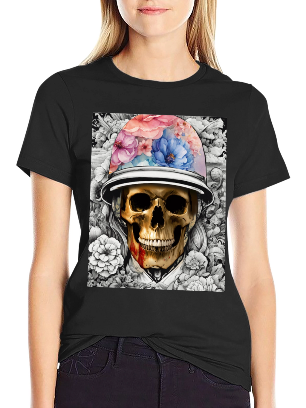Skull & Flowers Graphic T-Shirt - Edgy Style
