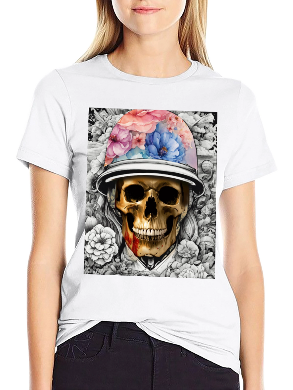 Skull & Flowers Graphic T-Shirt - Edgy Style