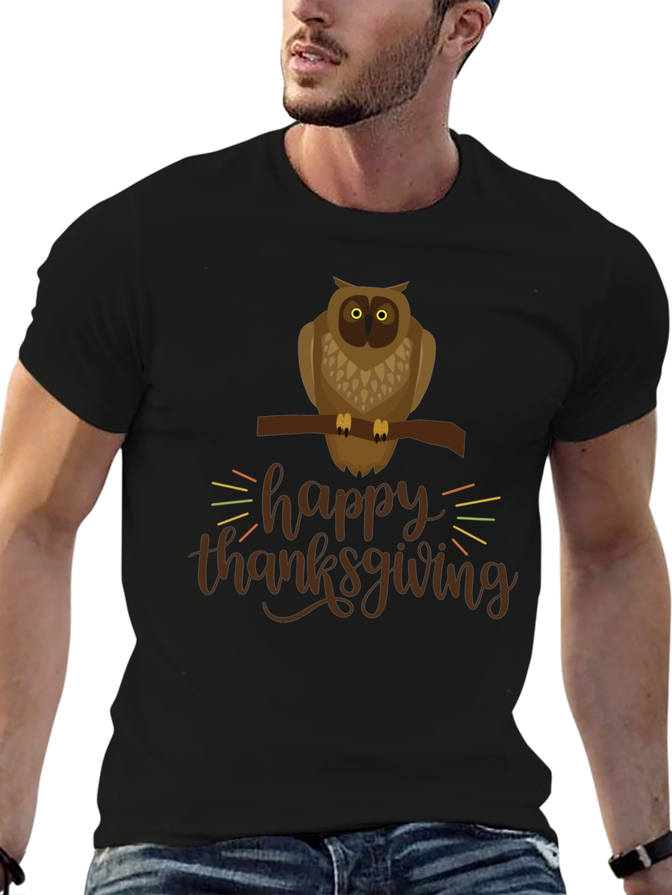 Happy Thanksgiving Owl Graphic Tee - Black
