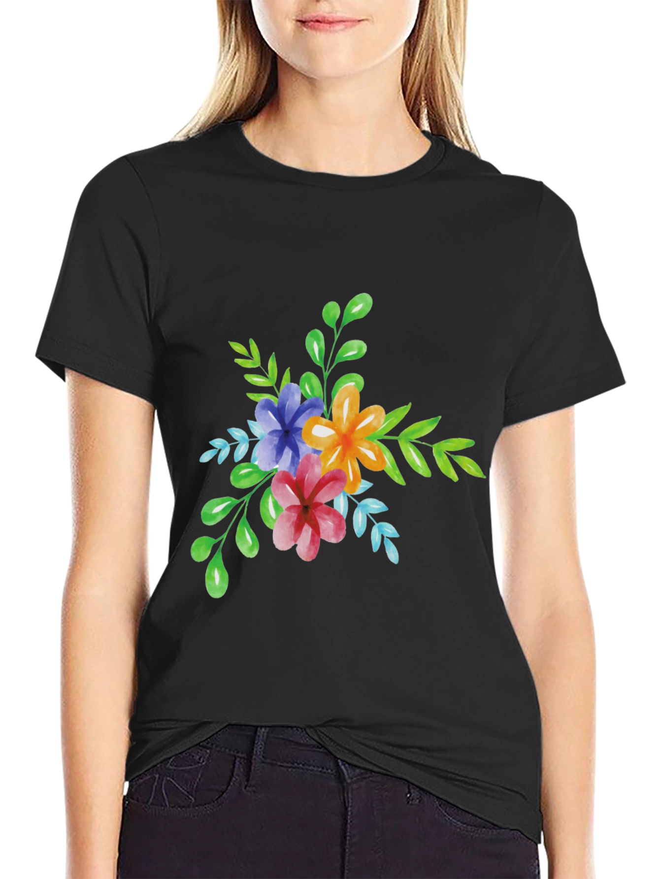 Floral Watercolor Graphic Print Black T-Shirt