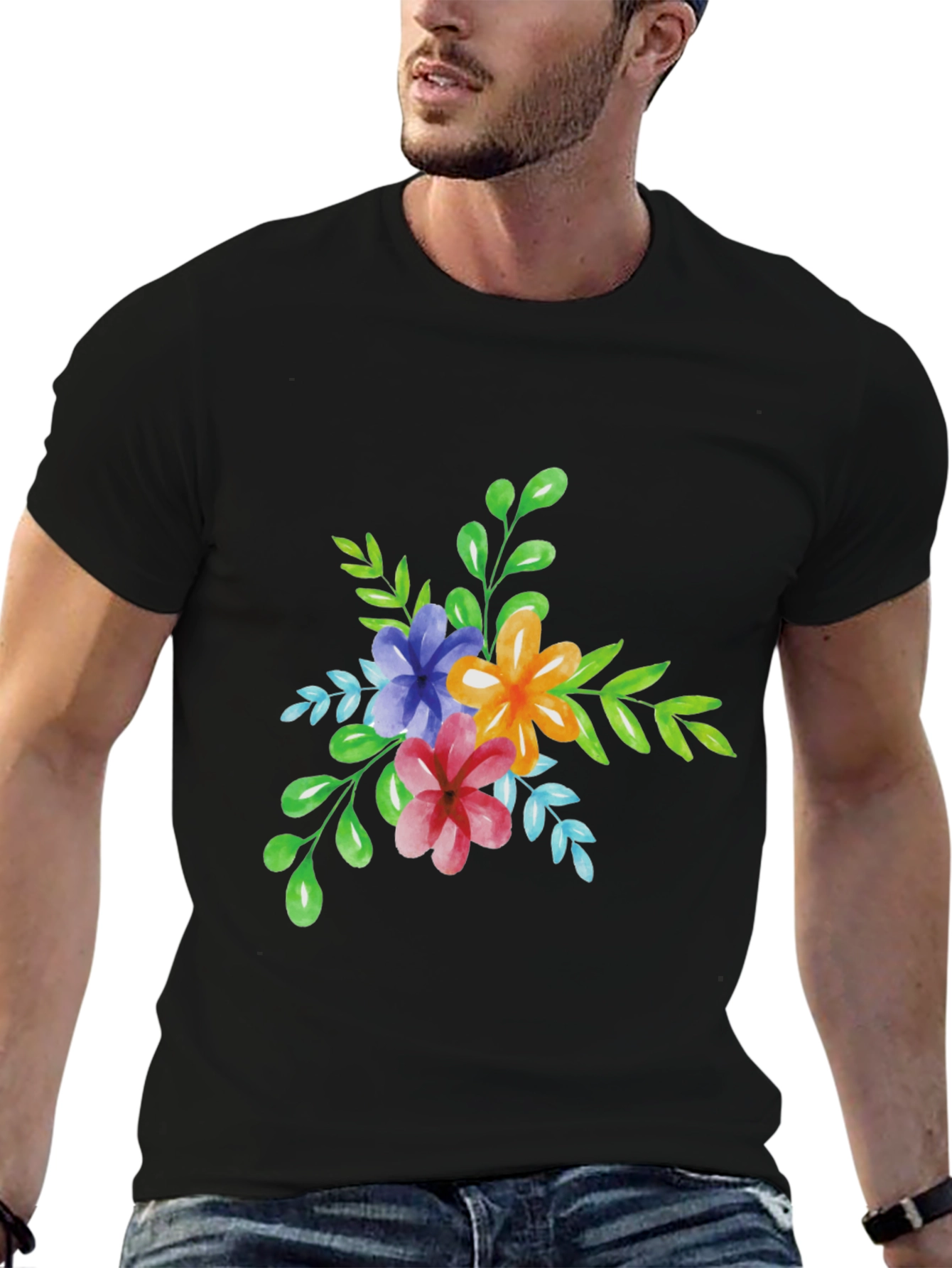 Floral Watercolor Graphic Print Black T-Shirt