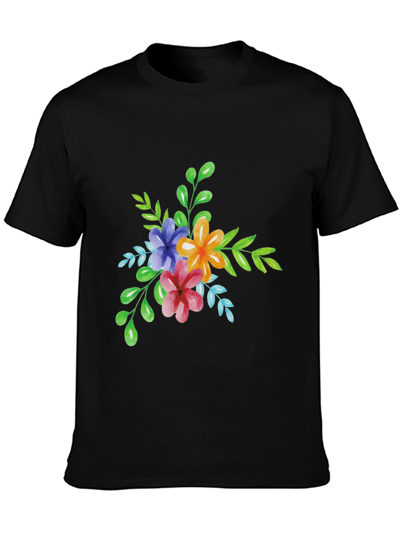 Floral Watercolor Graphic Print Black T-Shirt