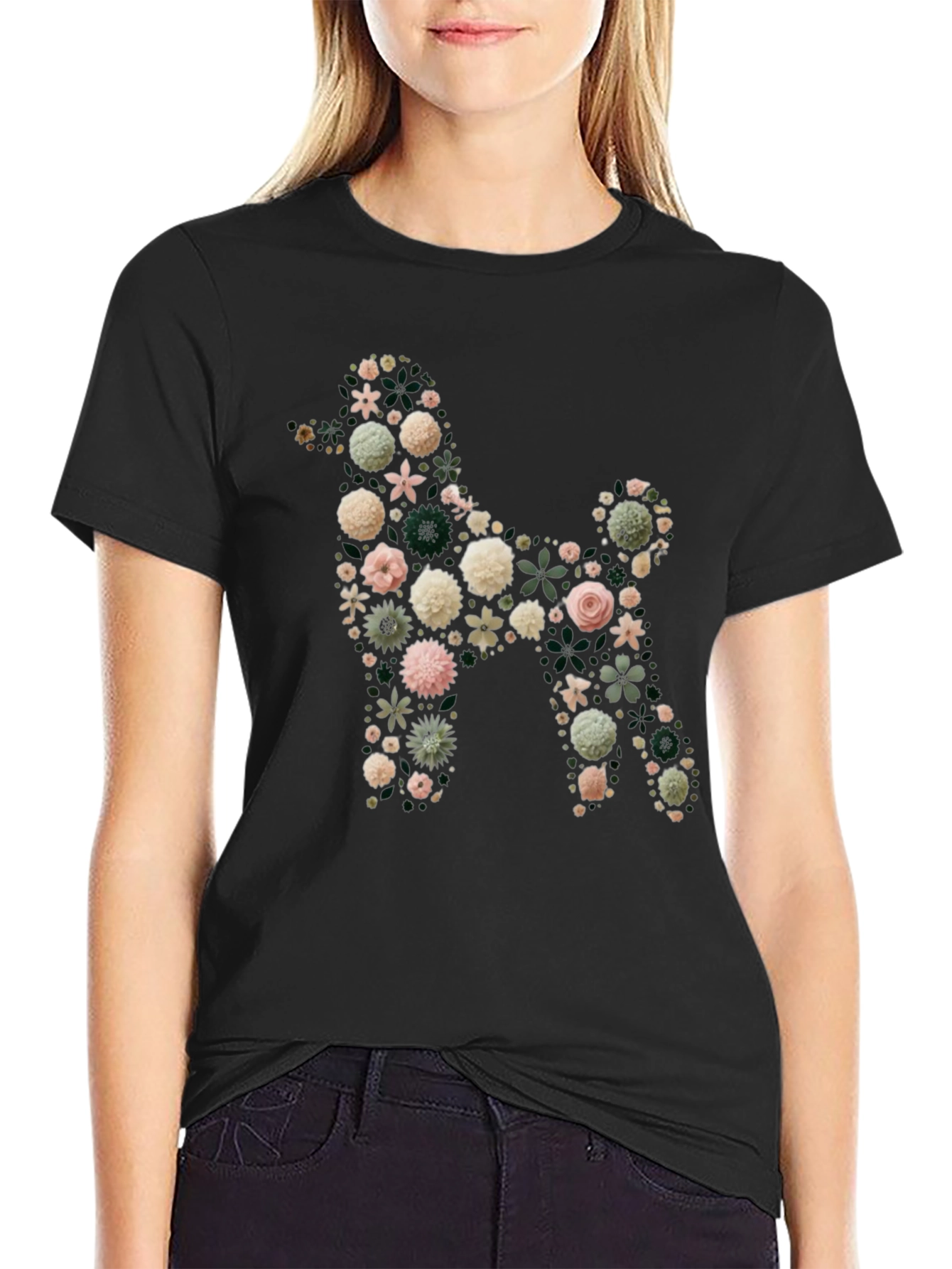 Floral Poodle Graphic Tee - Soft Black Cotton Blend