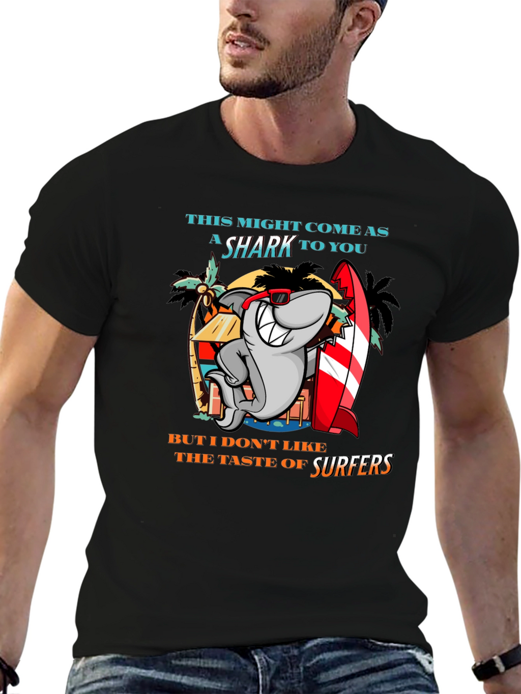 Funny Shark Surfer Graphic T-Shirt