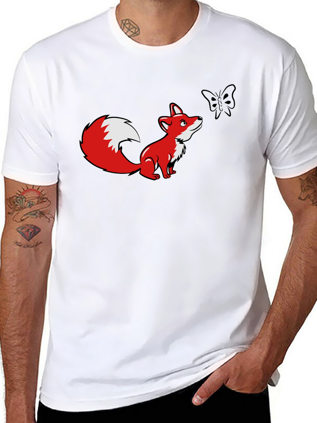 Fox and Butterfly Graphic Black T-Shirt