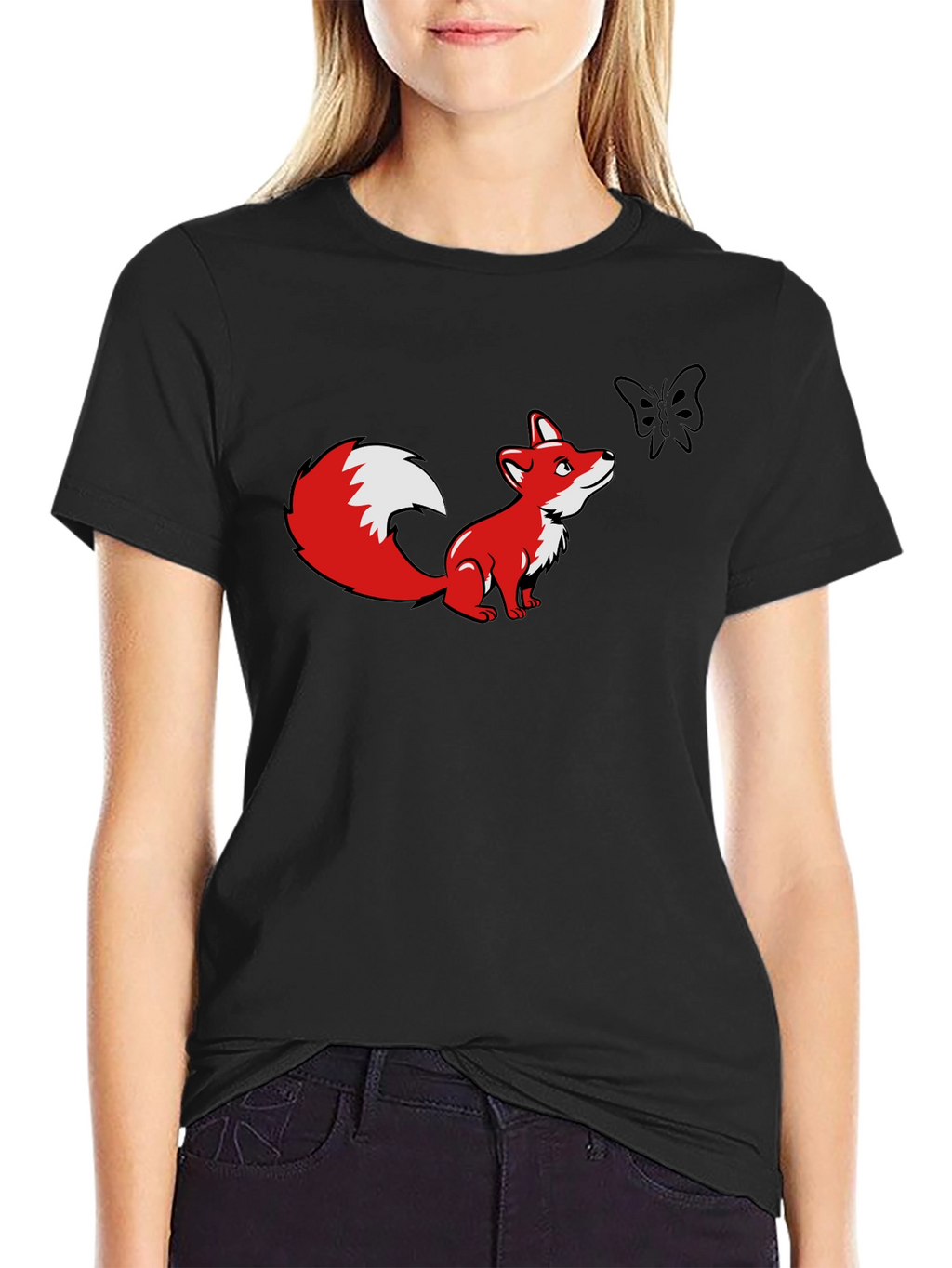 Fox and Butterfly Graphic Black T-Shirt