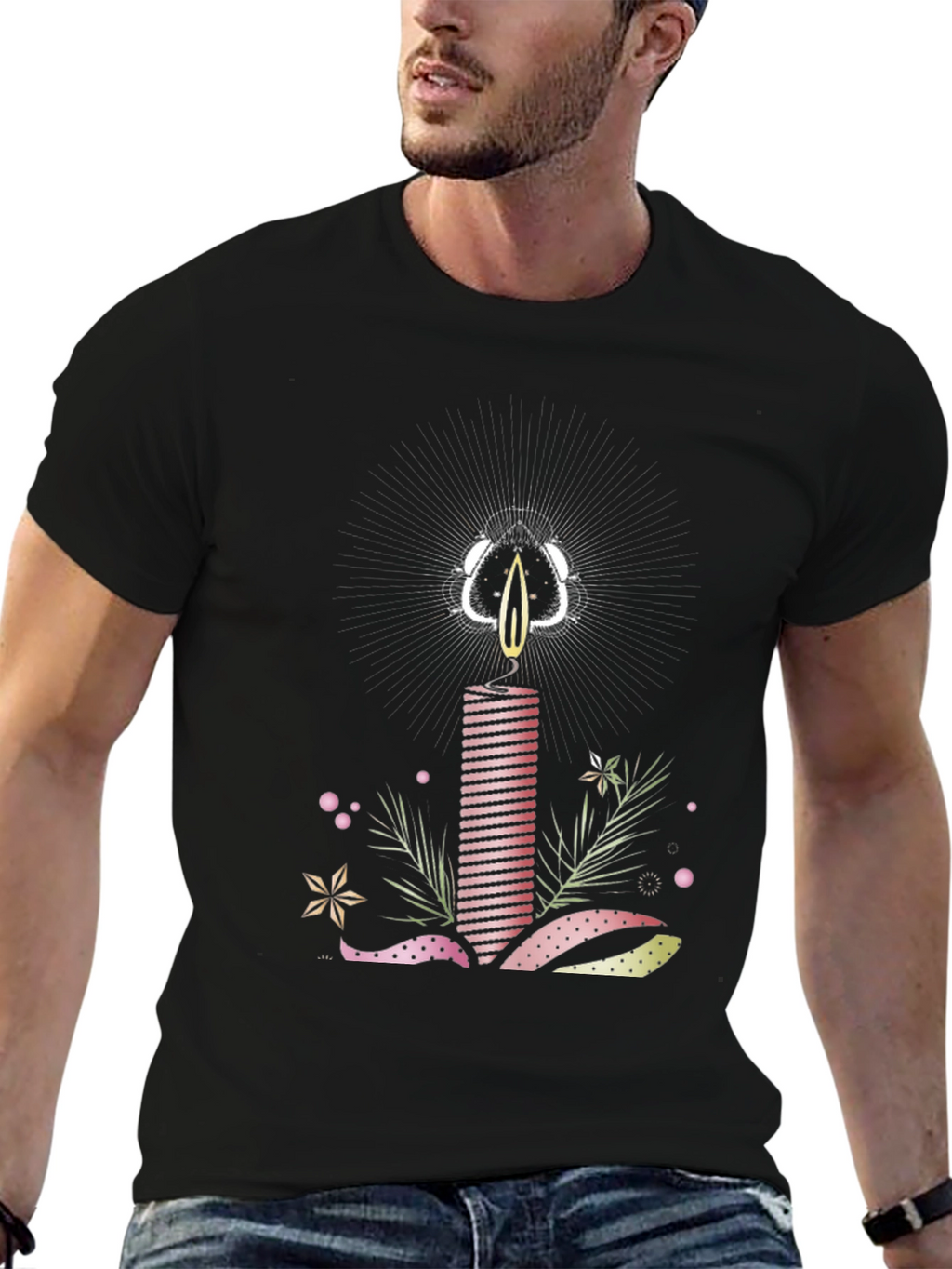 Striped Candle Graphic Tee - Stylish Cotton T-Shirt