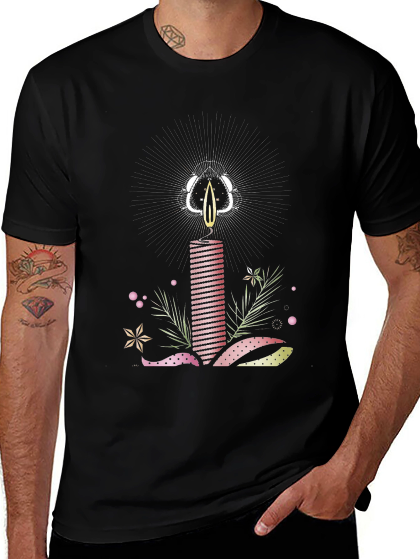 Striped Candle Graphic Tee - Stylish Cotton T-Shirt