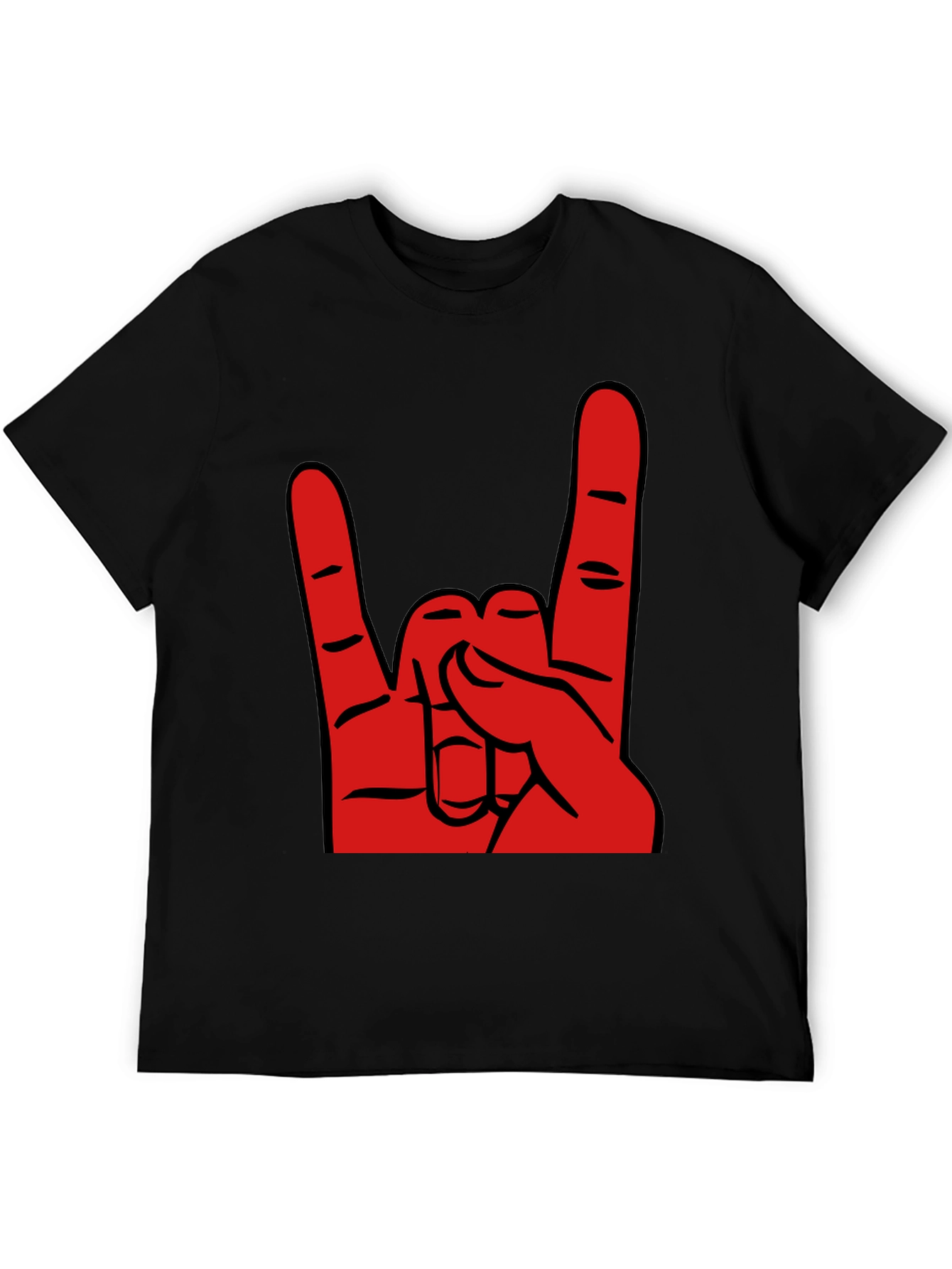 Rock On T-Shirt - Black Cotton Tee with Red Hand Gesture Graphic