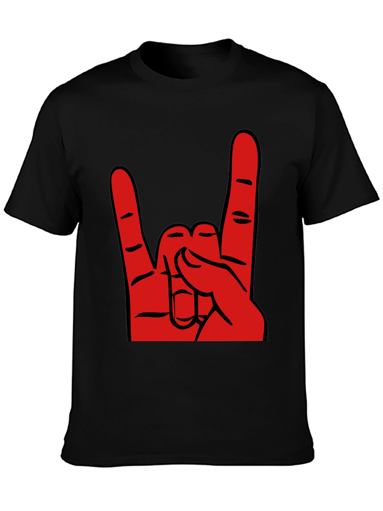 Rock On T-Shirt - Black Cotton Tee with Red Hand Gesture Graphic