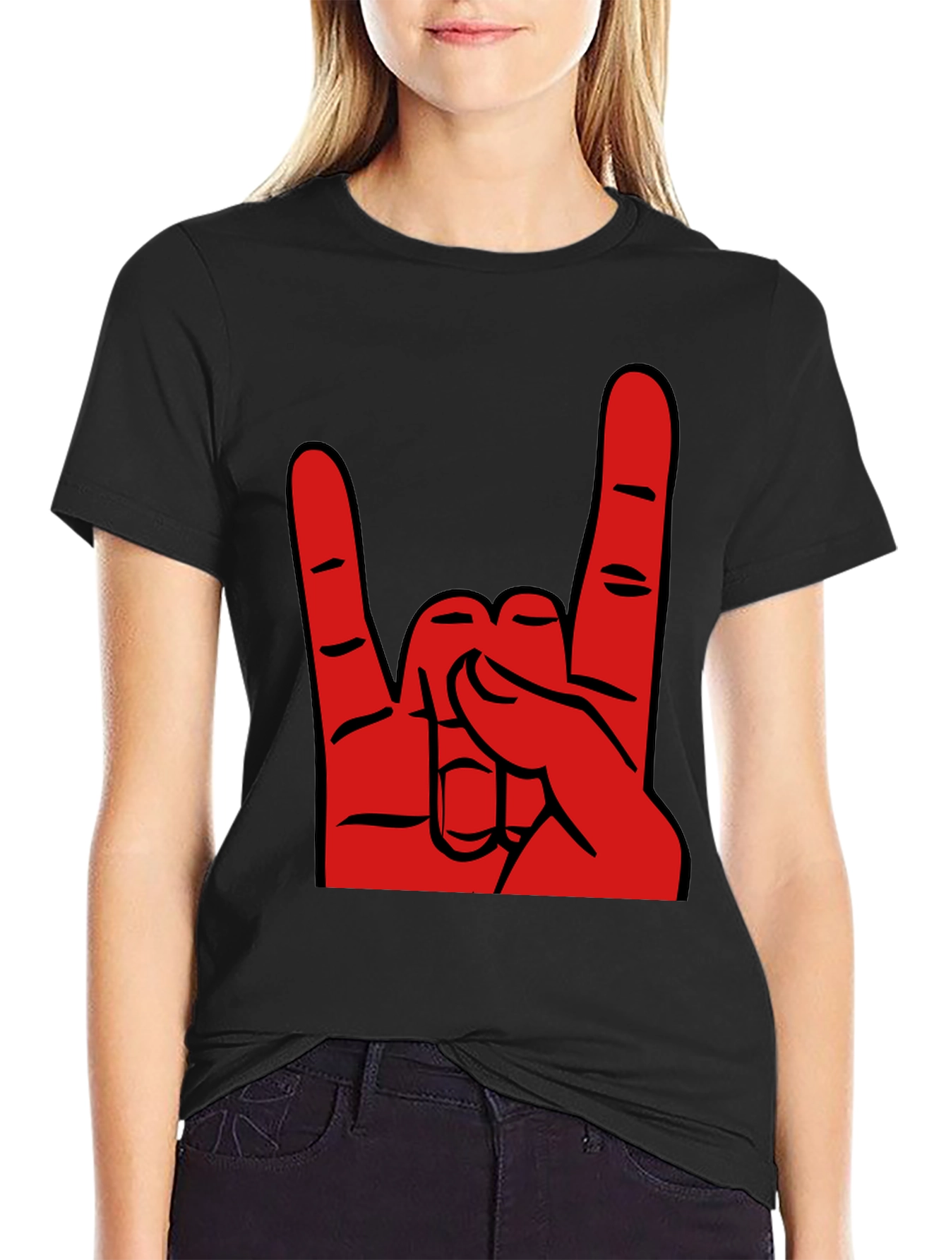 Rock On T-Shirt - Black Cotton Tee with Red Hand Gesture Graphic