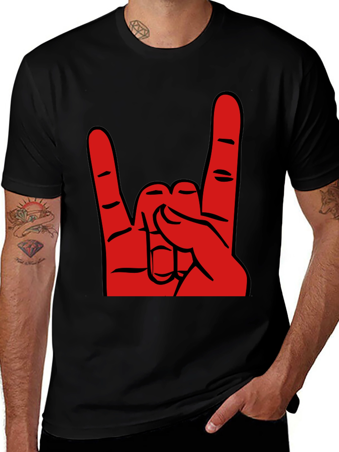 Rock On T-Shirt - Black Cotton Tee with Red Hand Gesture Graphic