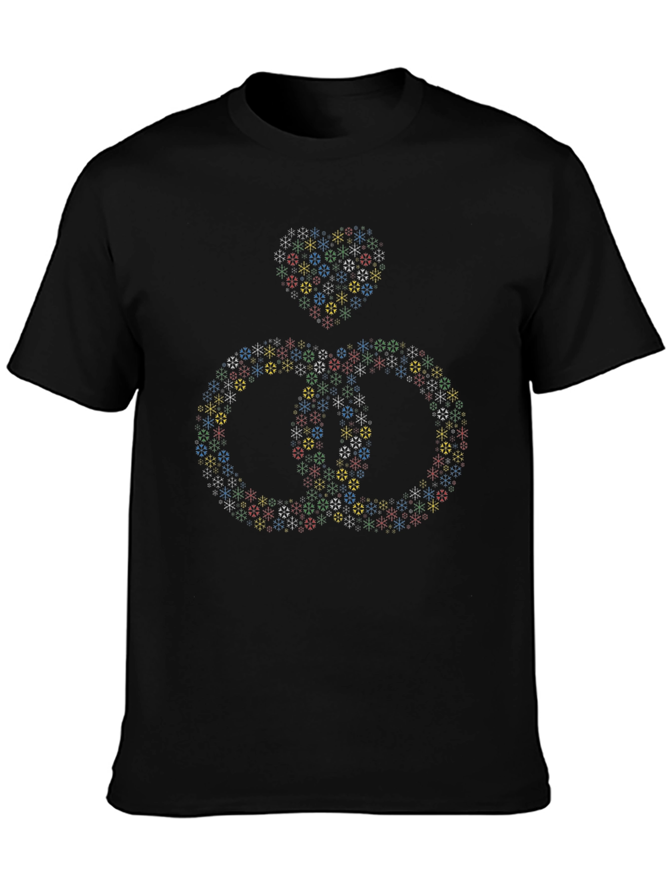 Colorful Snowflake Heart & Rings Black T-Shirt