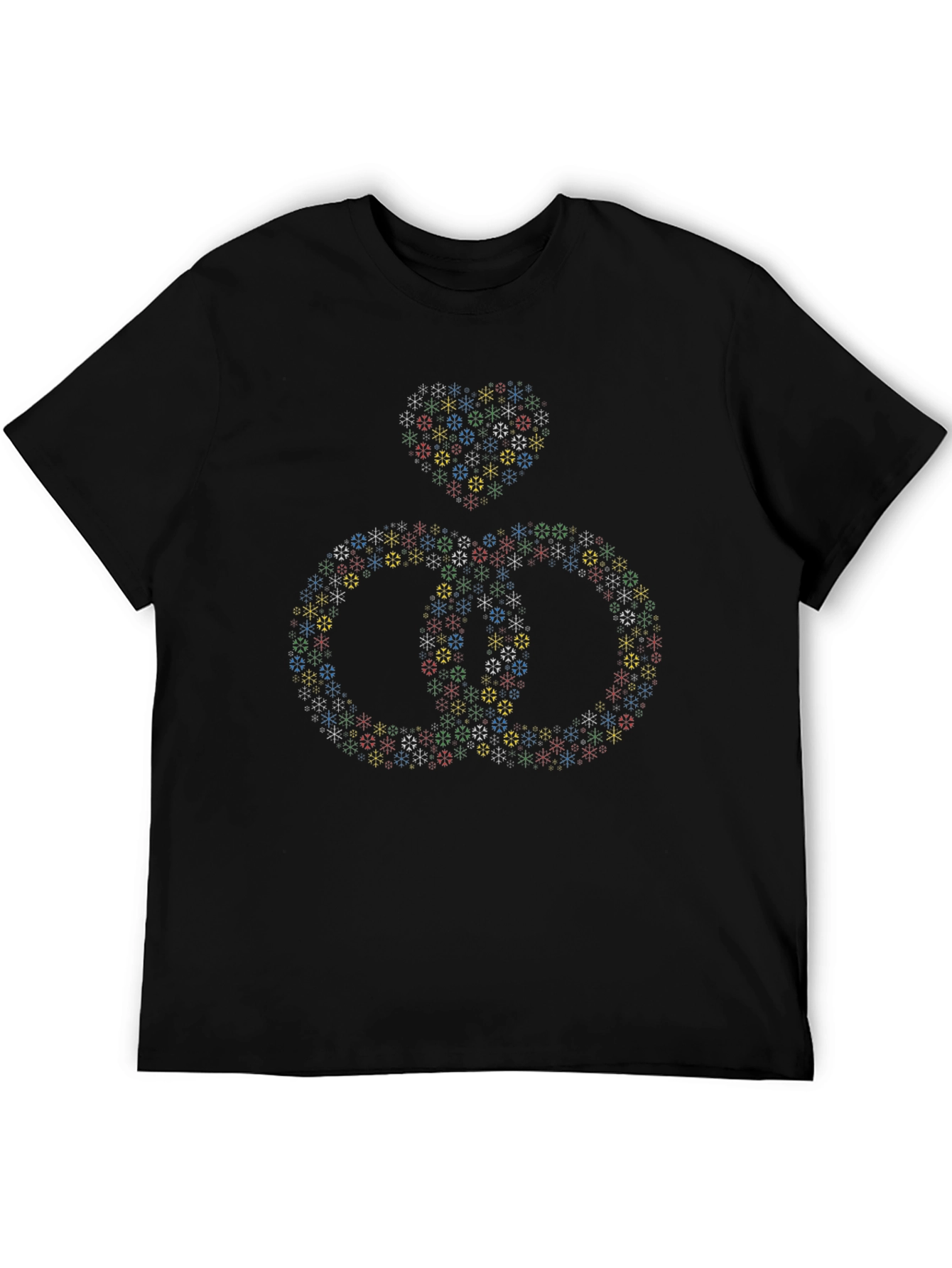 Colorful Snowflake Heart & Rings Black T-Shirt