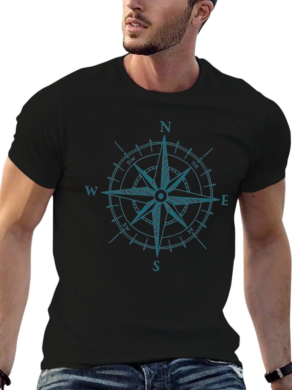 Nautical Compass Rose Black Graphic T-Shirt