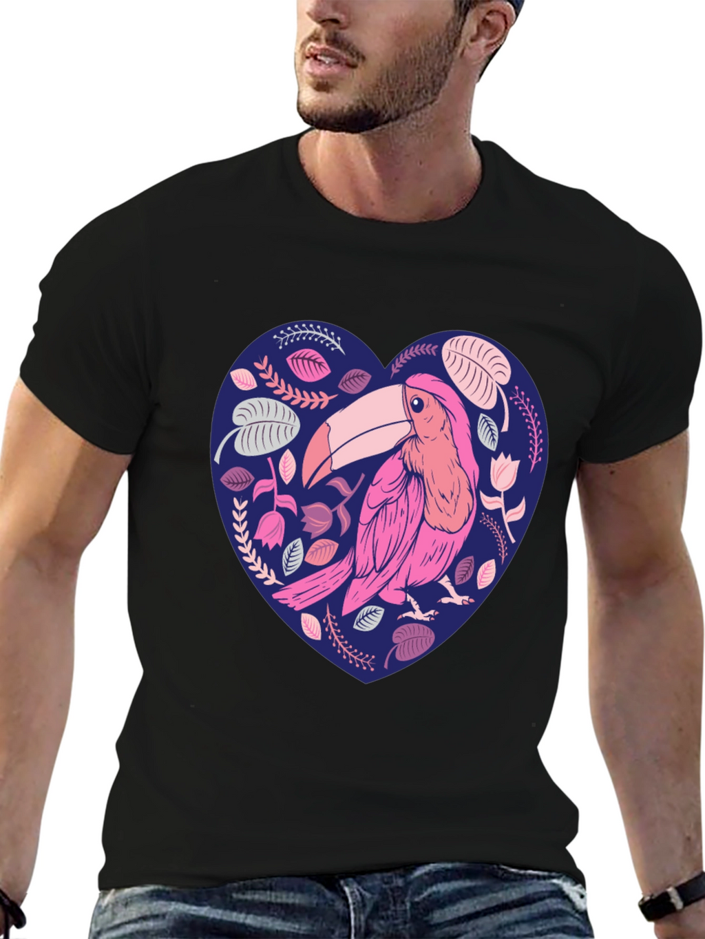 Toucan Heart Graphic Tee - Stylish Mens Black T-Shirt