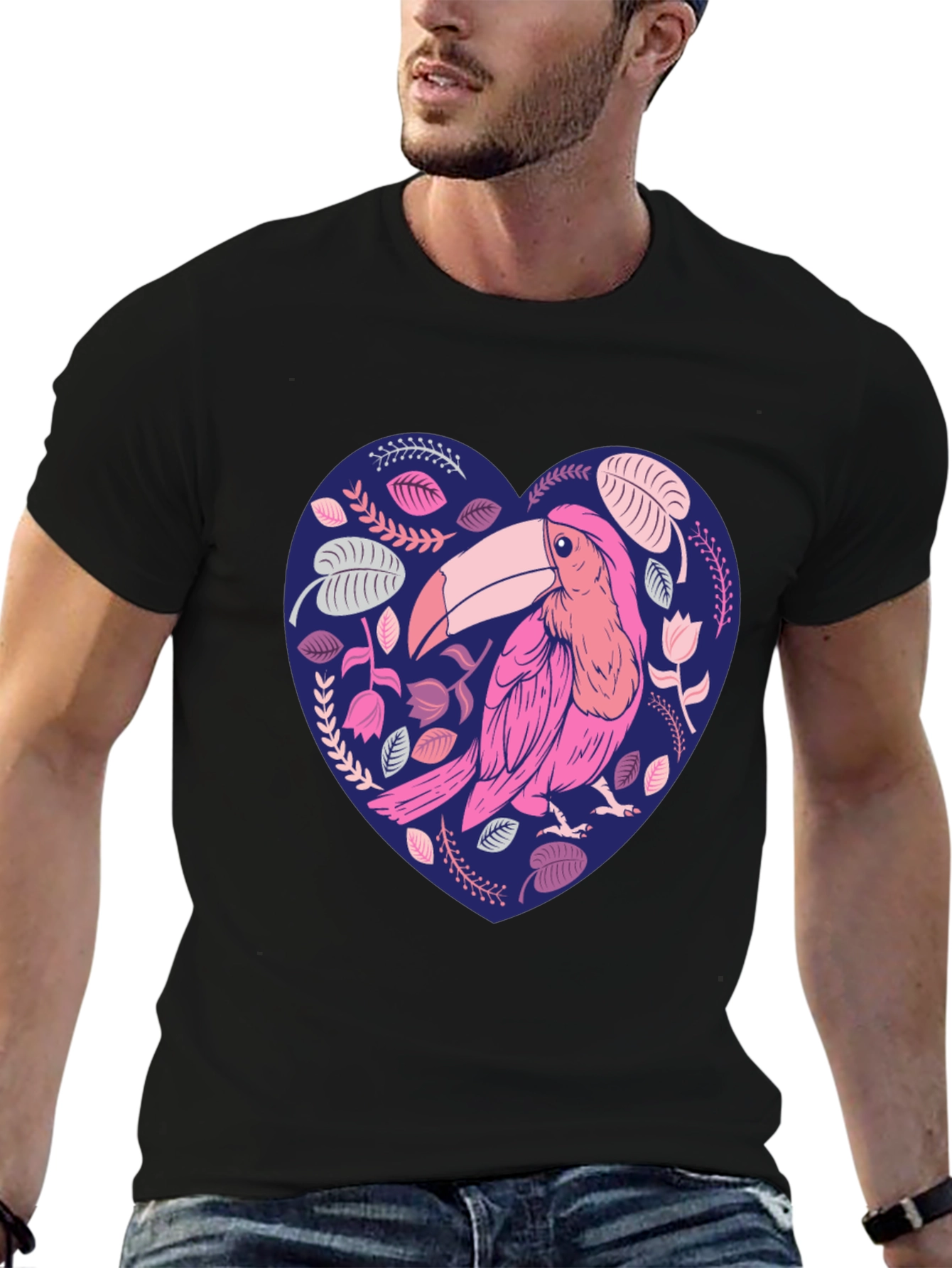 Toucan Heart Graphic Tee - Stylish Mens Black T-Shirt