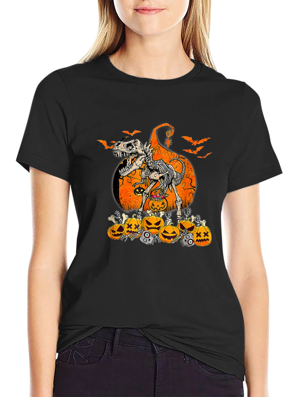 Halloween Dinosaur Skeleton Pumpkin T-Shirt