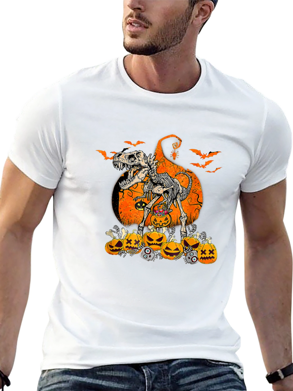 Halloween Dinosaur Skeleton Pumpkin T-Shirt