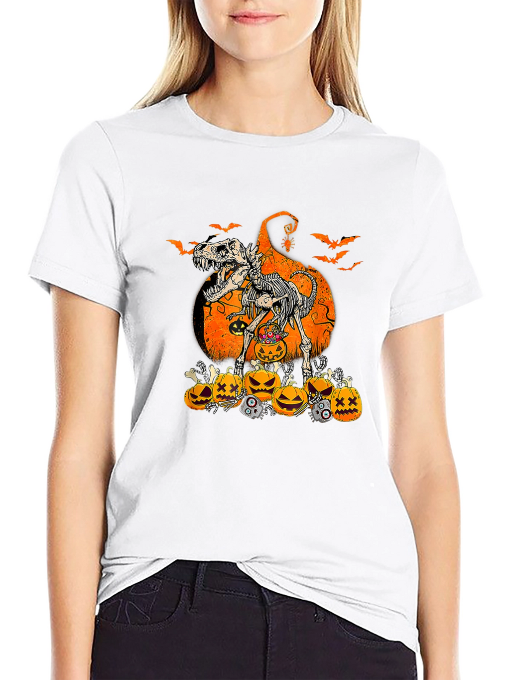 Halloween Dinosaur Skeleton Pumpkin T-Shirt