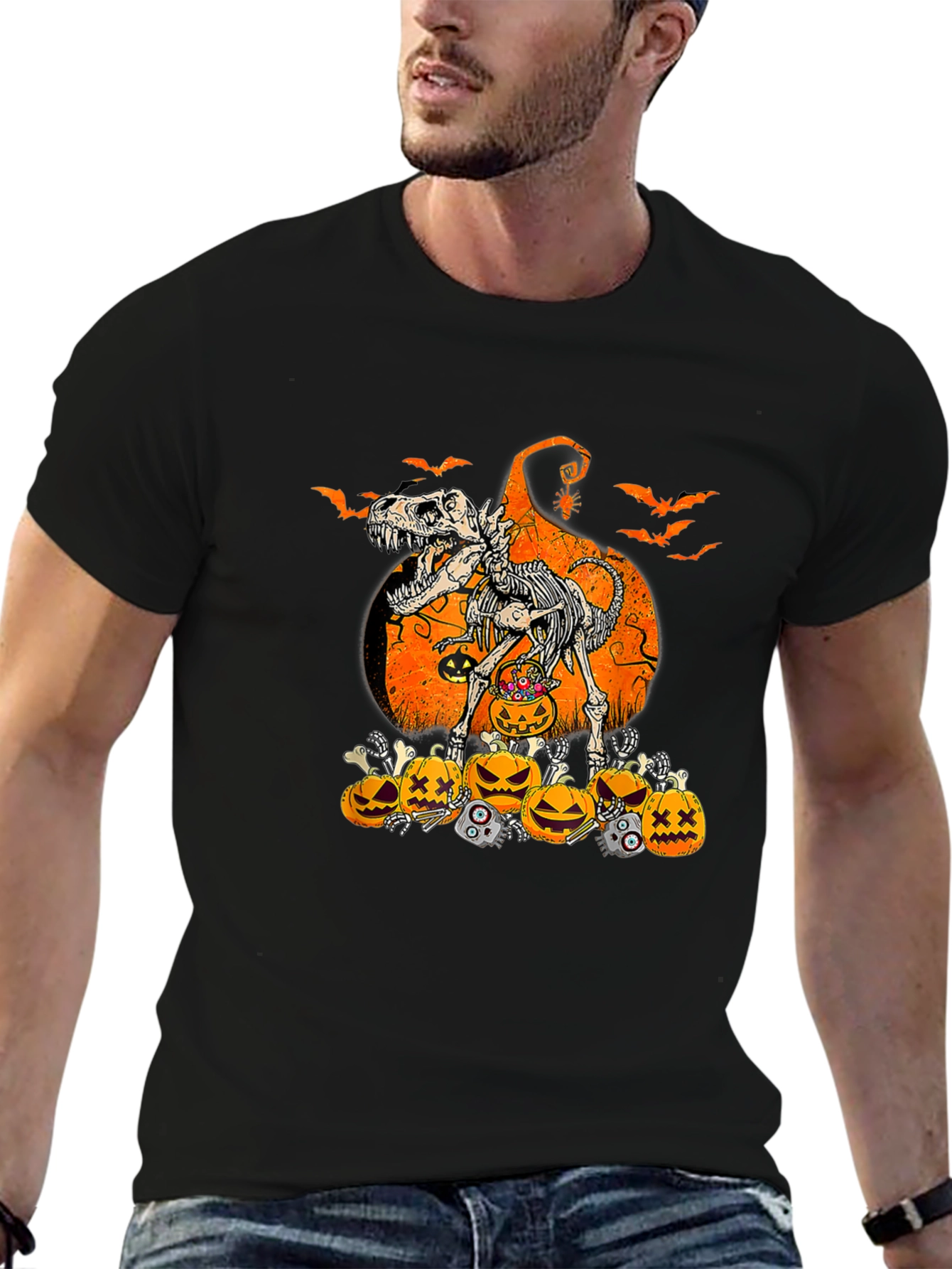 Halloween Dinosaur Skeleton Pumpkin T-Shirt