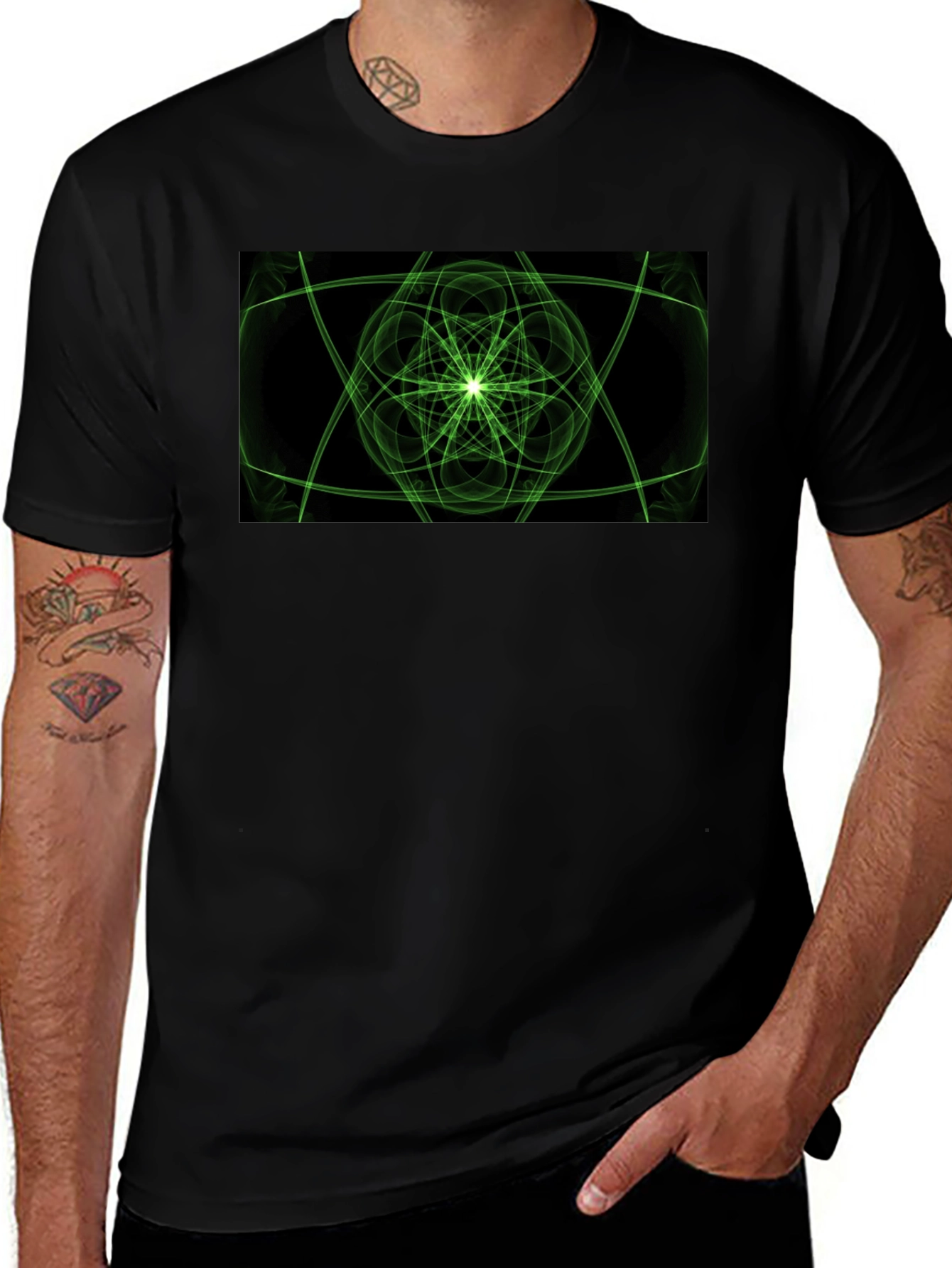 Geometric Green Graphic Black T-Shirt