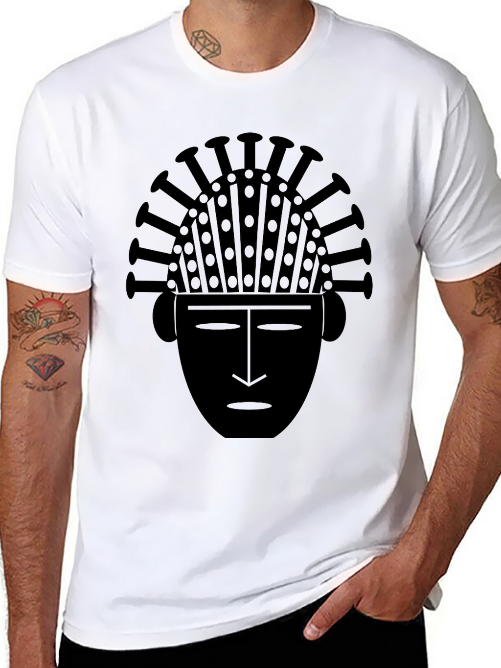 Tribal Mask Graphic Tee - Black Cotton T-Shirt