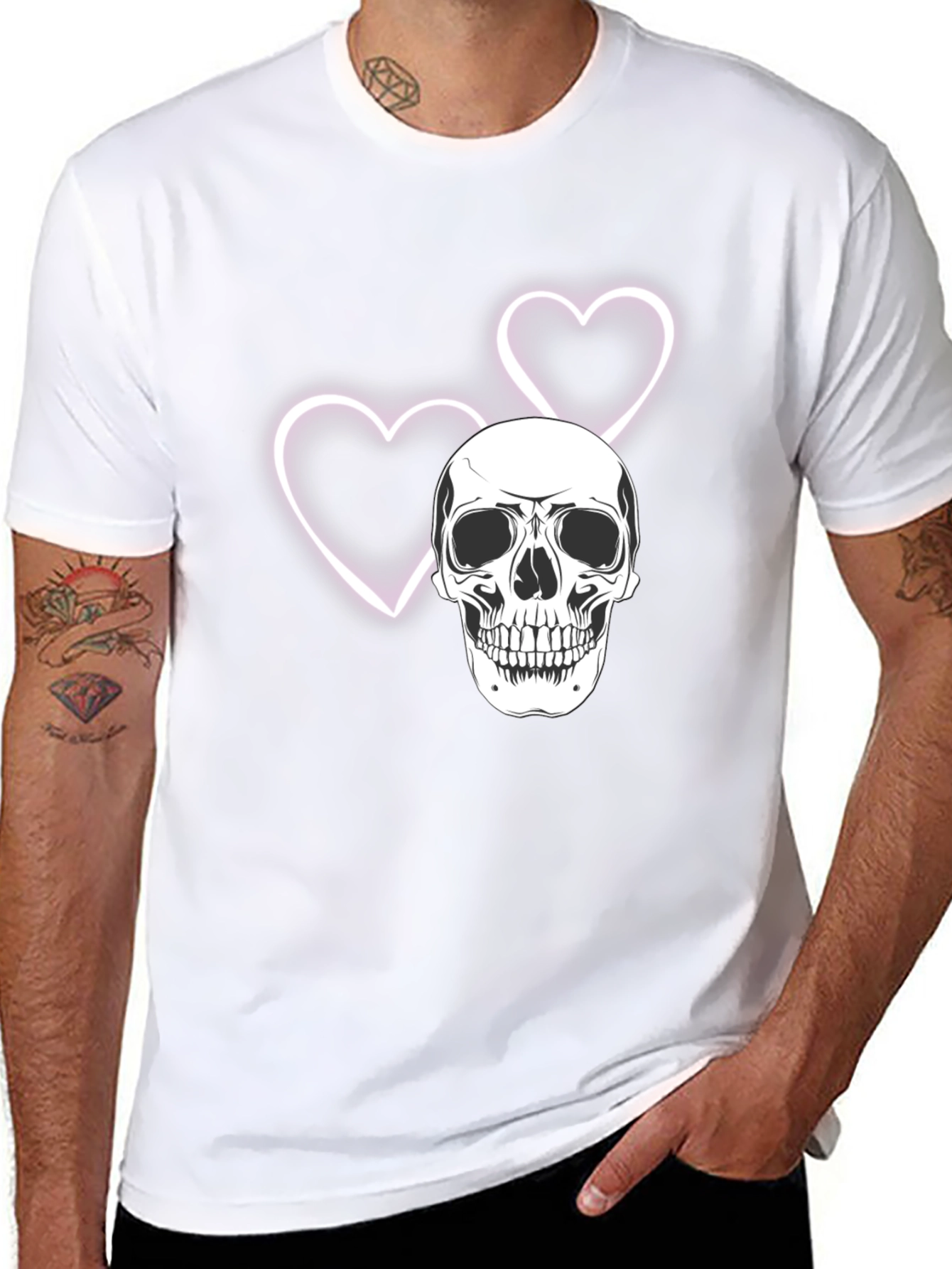 Skull & Hearts Graphic Tee - Black Cotton T-Shirt