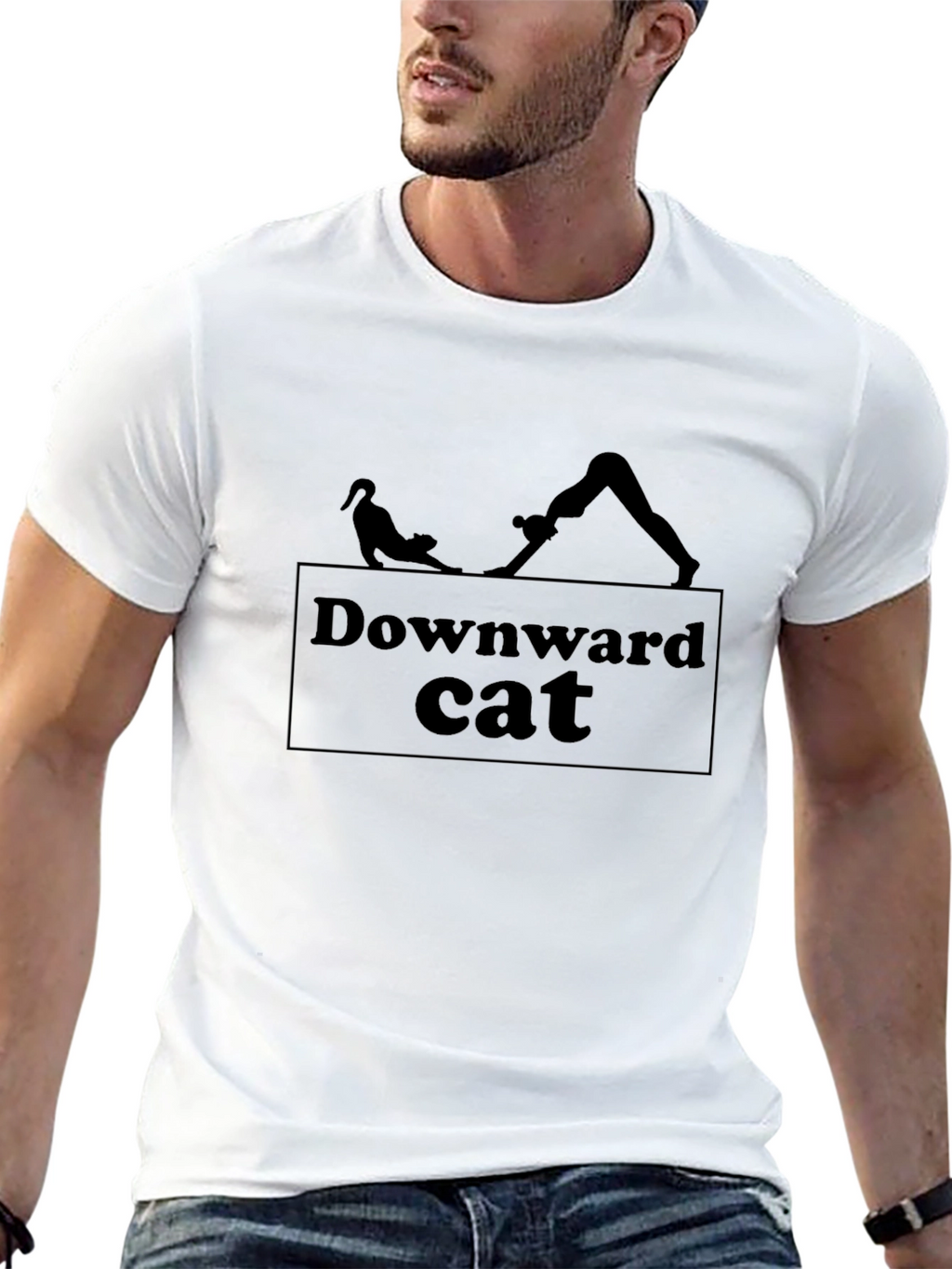 Downward Cat Yoga Graphic Tee - Black Cotton Shirt