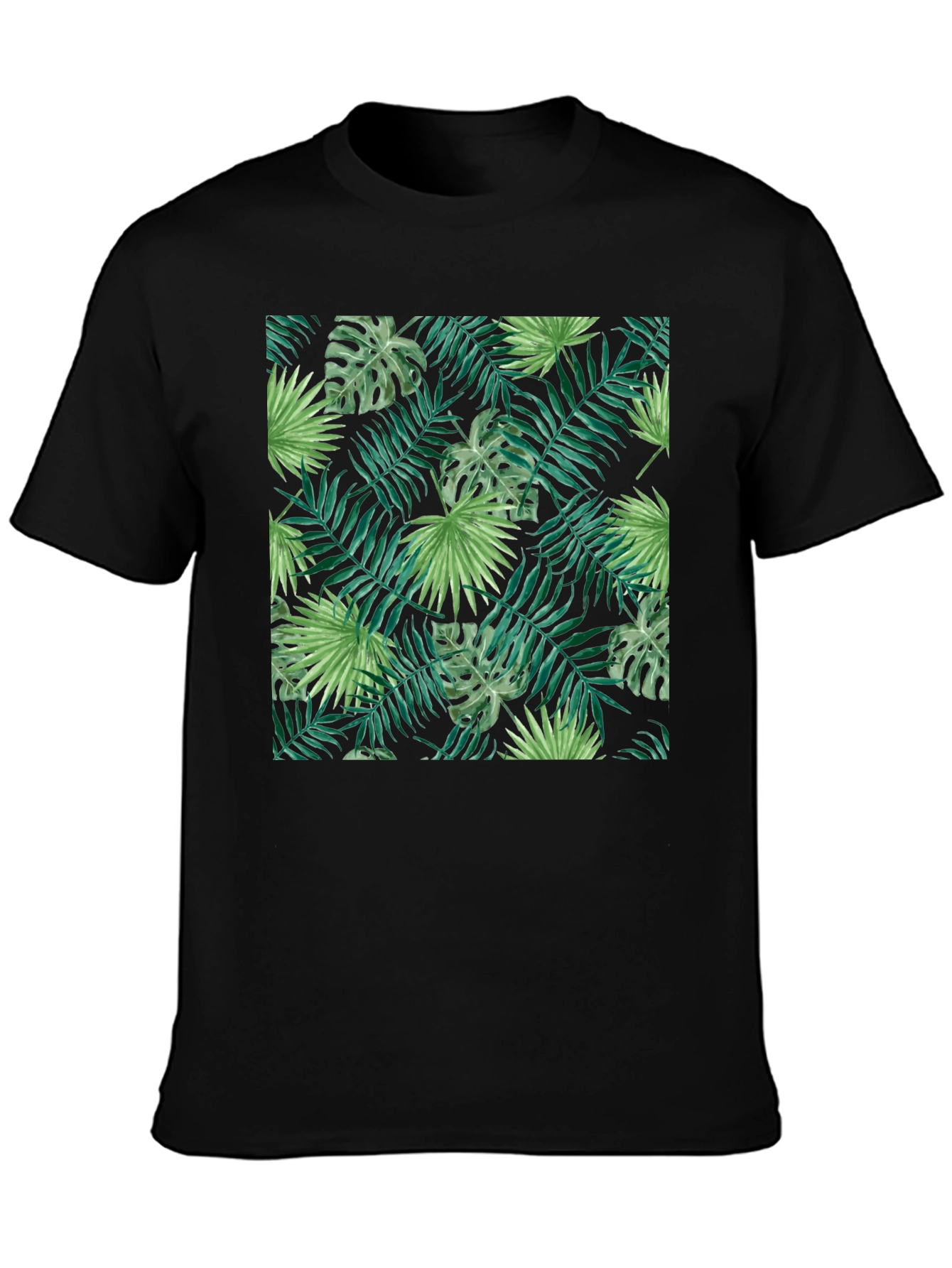 Tropical Leaves Print Black T-Shirt