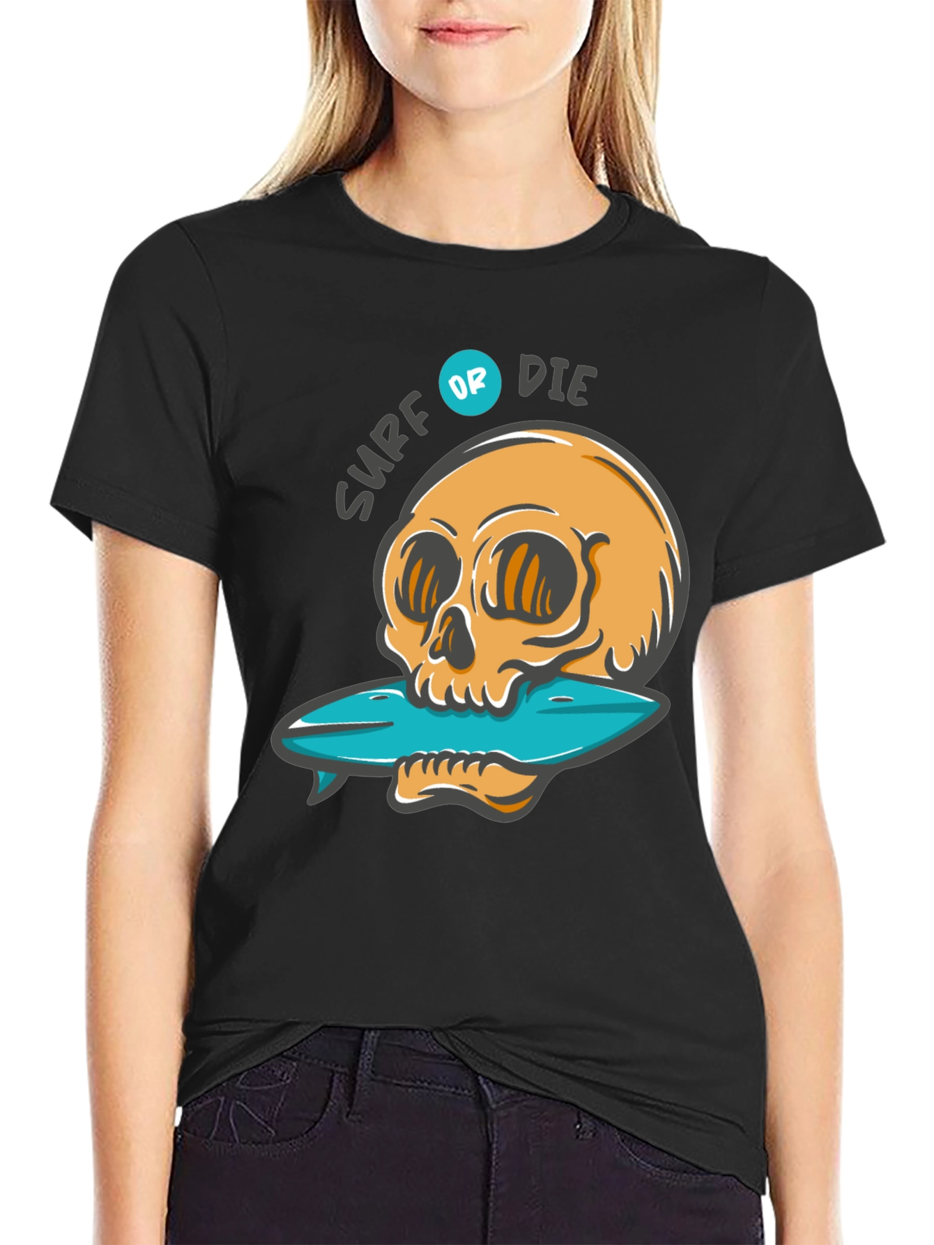 Surf or Die Graphic Tee - Skull & Surfboard Design
