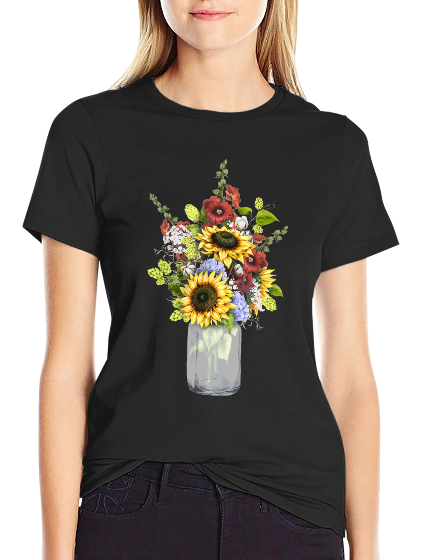 Floral Mason Jar Graphic Tee - Black