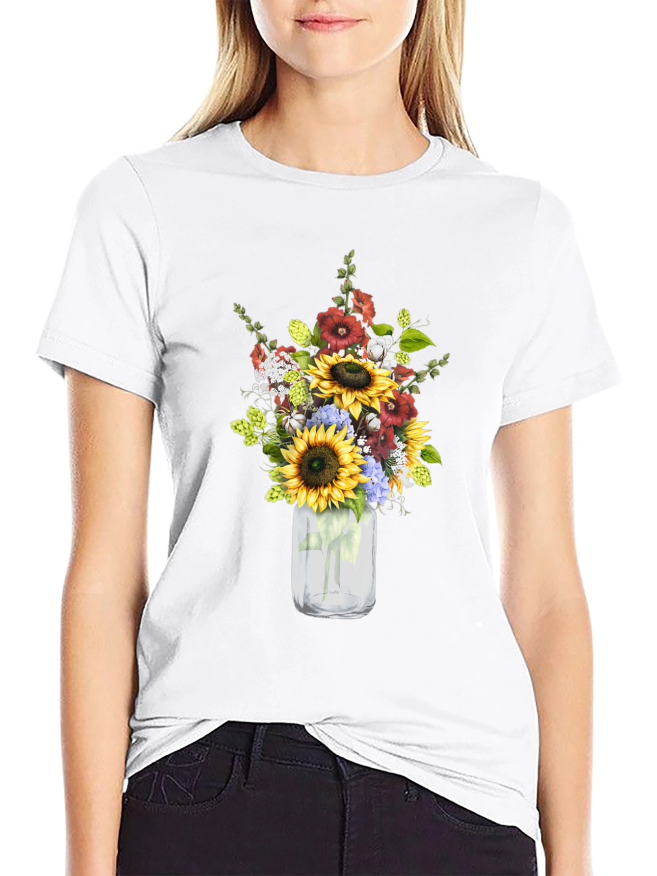 Floral Mason Jar Graphic Tee - Black