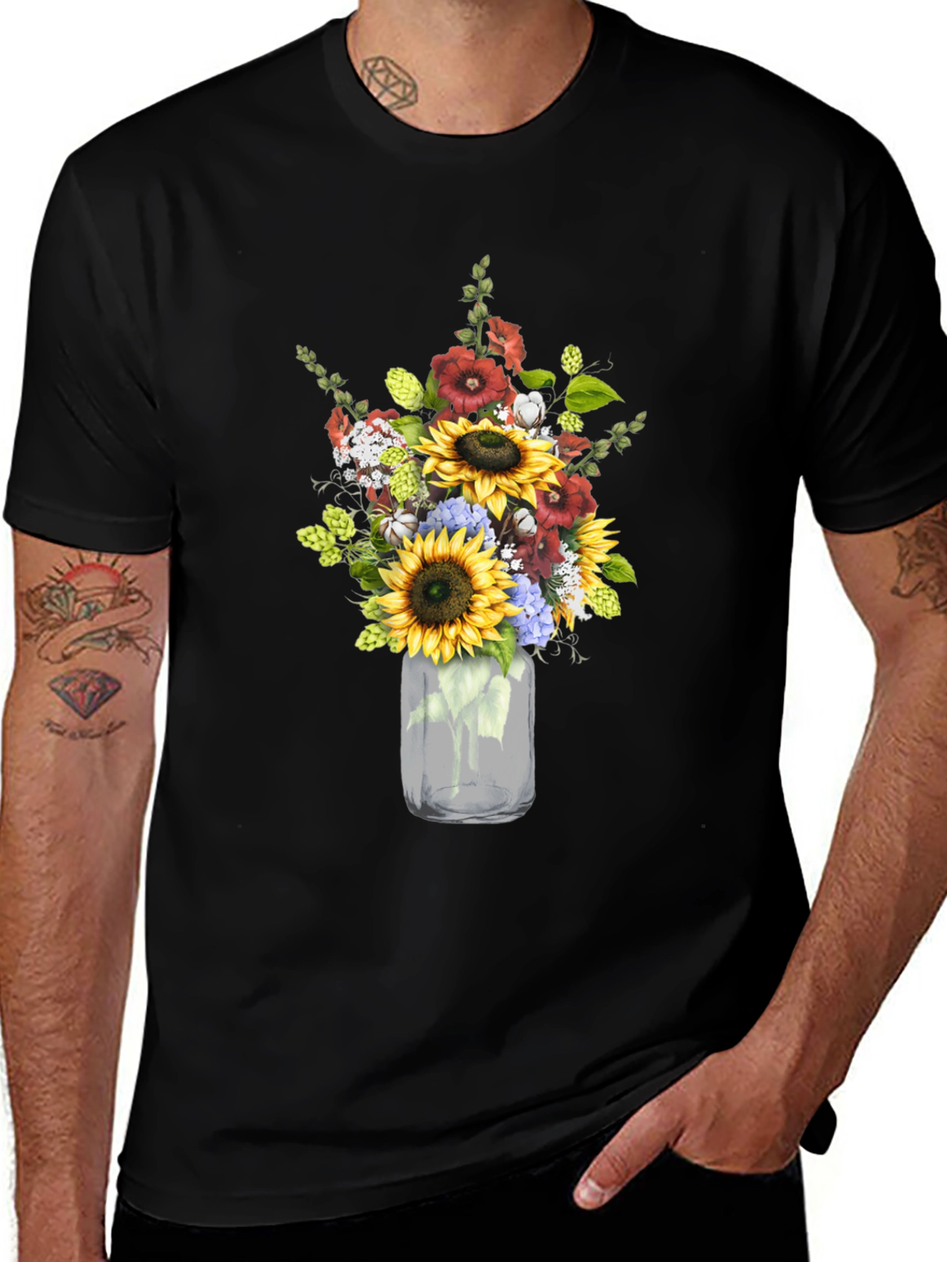 Floral Mason Jar Graphic Tee - Black