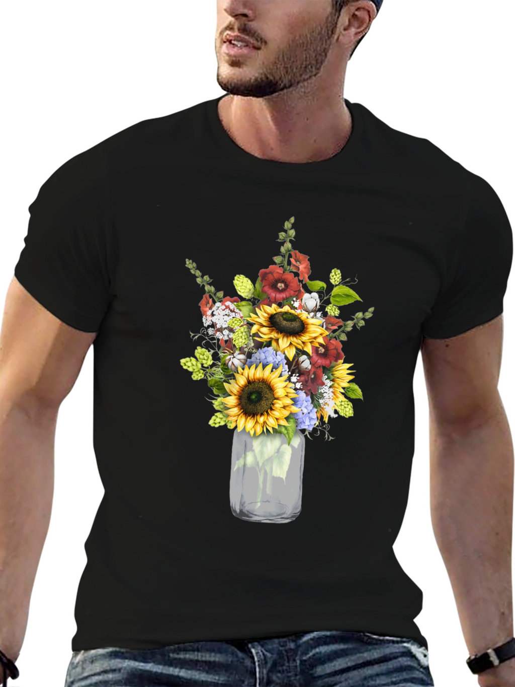 Floral Mason Jar Graphic Tee - Black