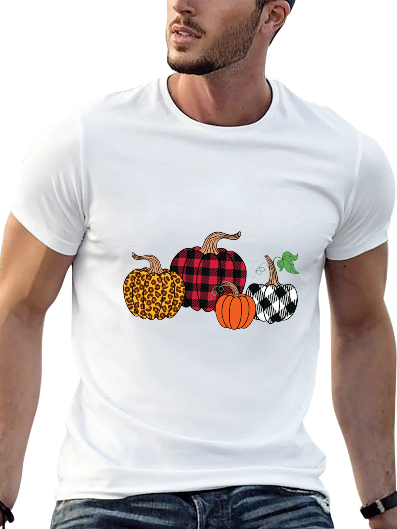 Novelty Pumpkin Patterned Crew Neck T-Shirt