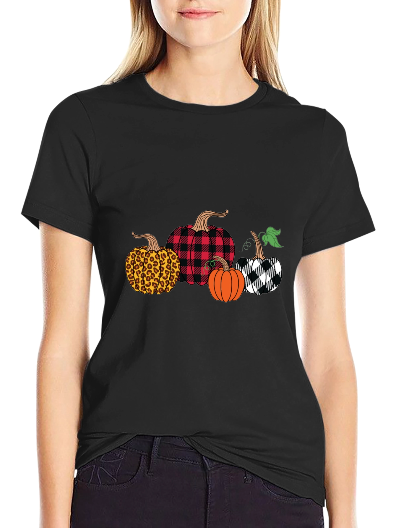 Novelty Pumpkin Patterned Crew Neck T-Shirt