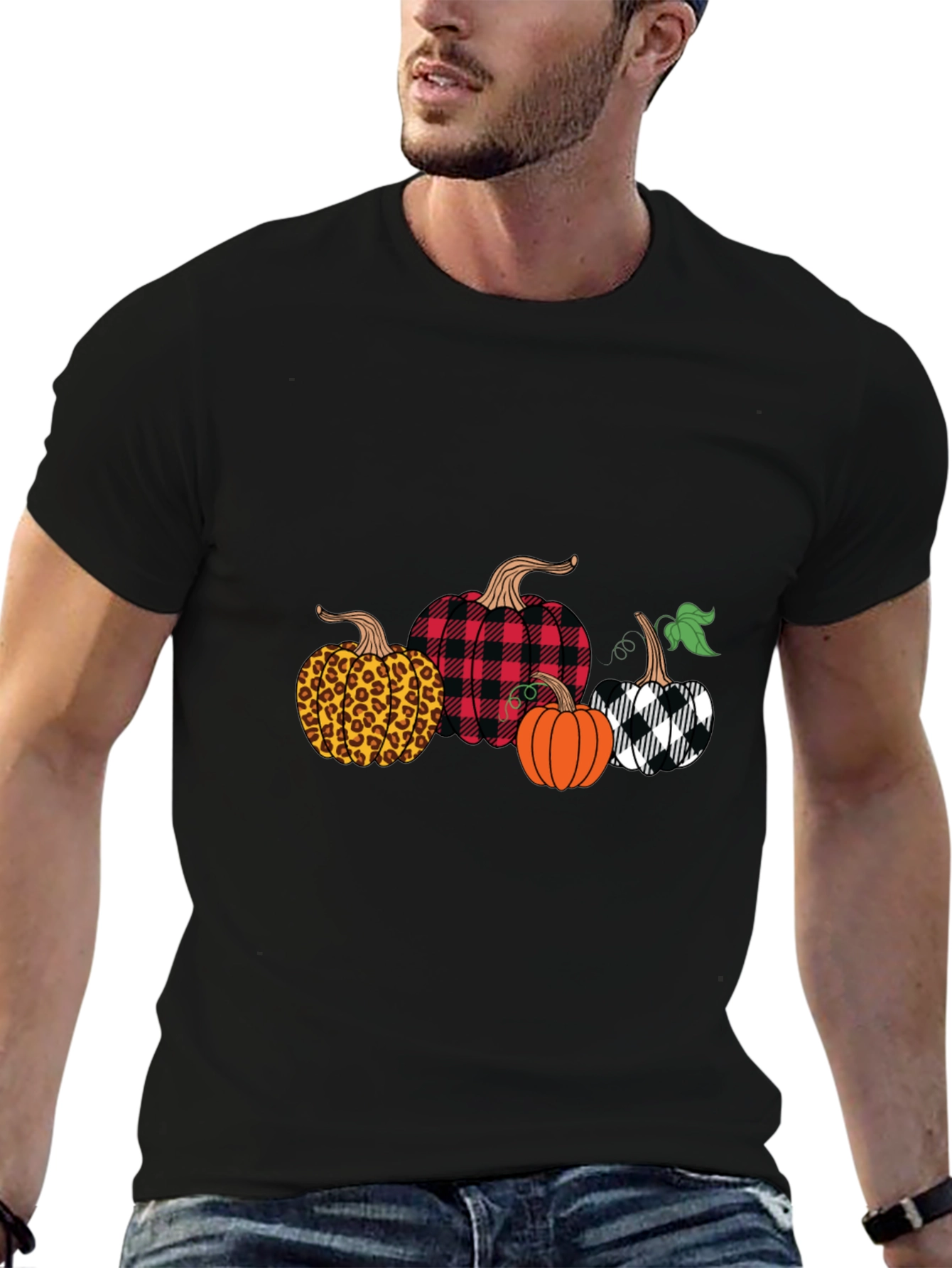 Novelty Pumpkin Patterned Crew Neck T-Shirt