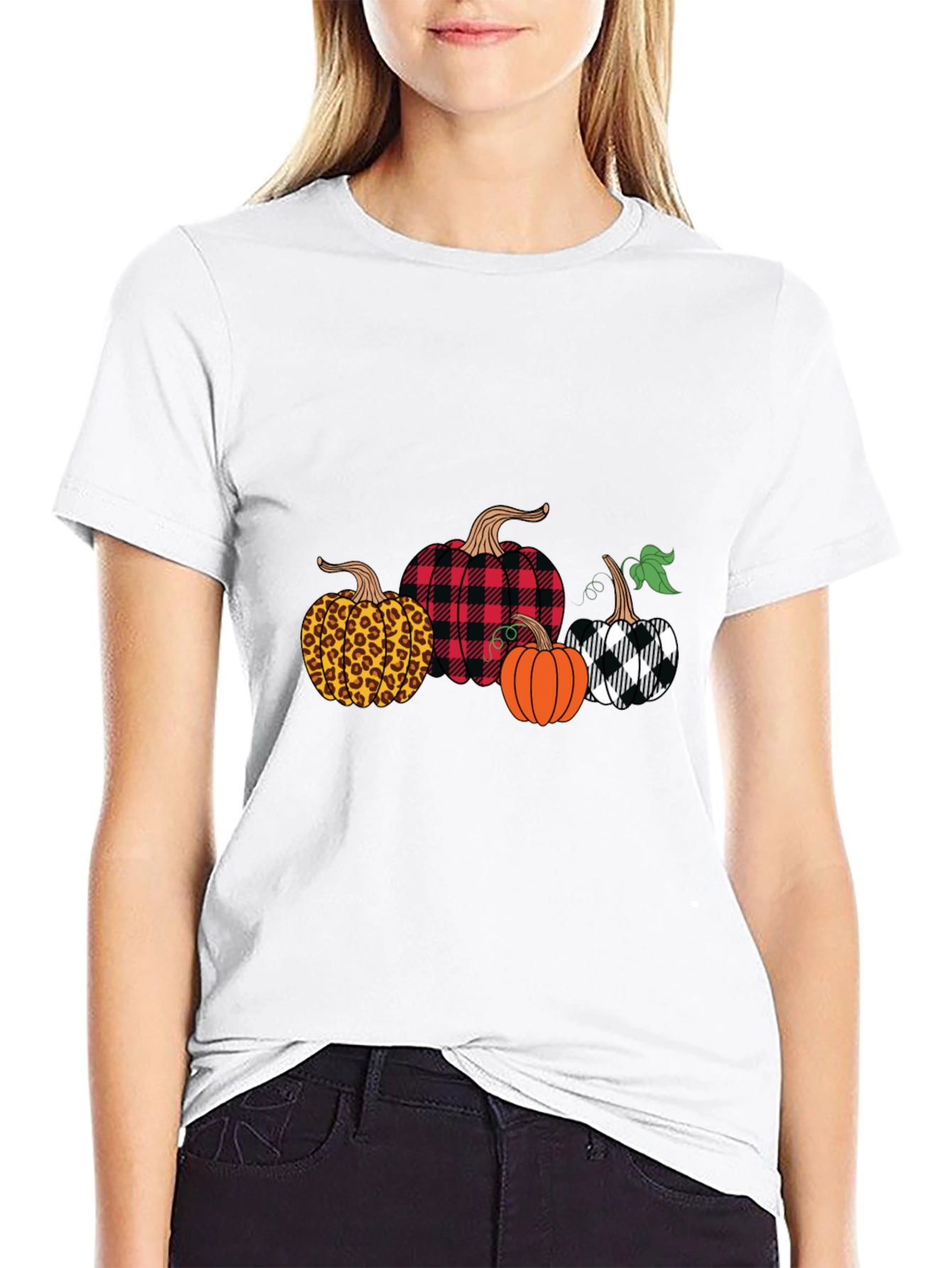 Novelty Pumpkin Patterned Crew Neck T-Shirt