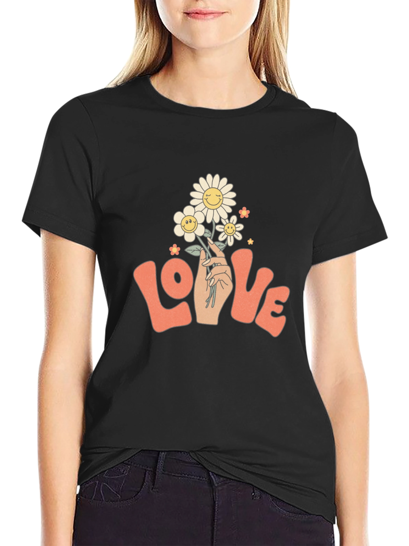 Retro Love Floral T-Shirt - Groovy Smiley Daisies
