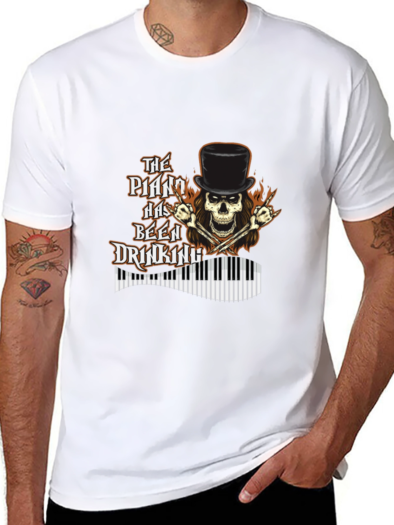 Piano Drinking Skeleton T-Shirt - Rock Style