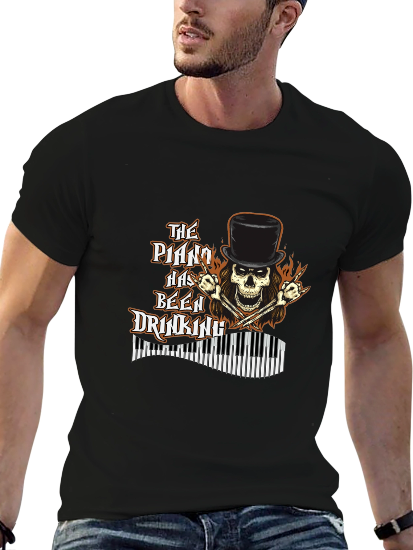 Piano Drinking Skeleton T-Shirt - Rock Style