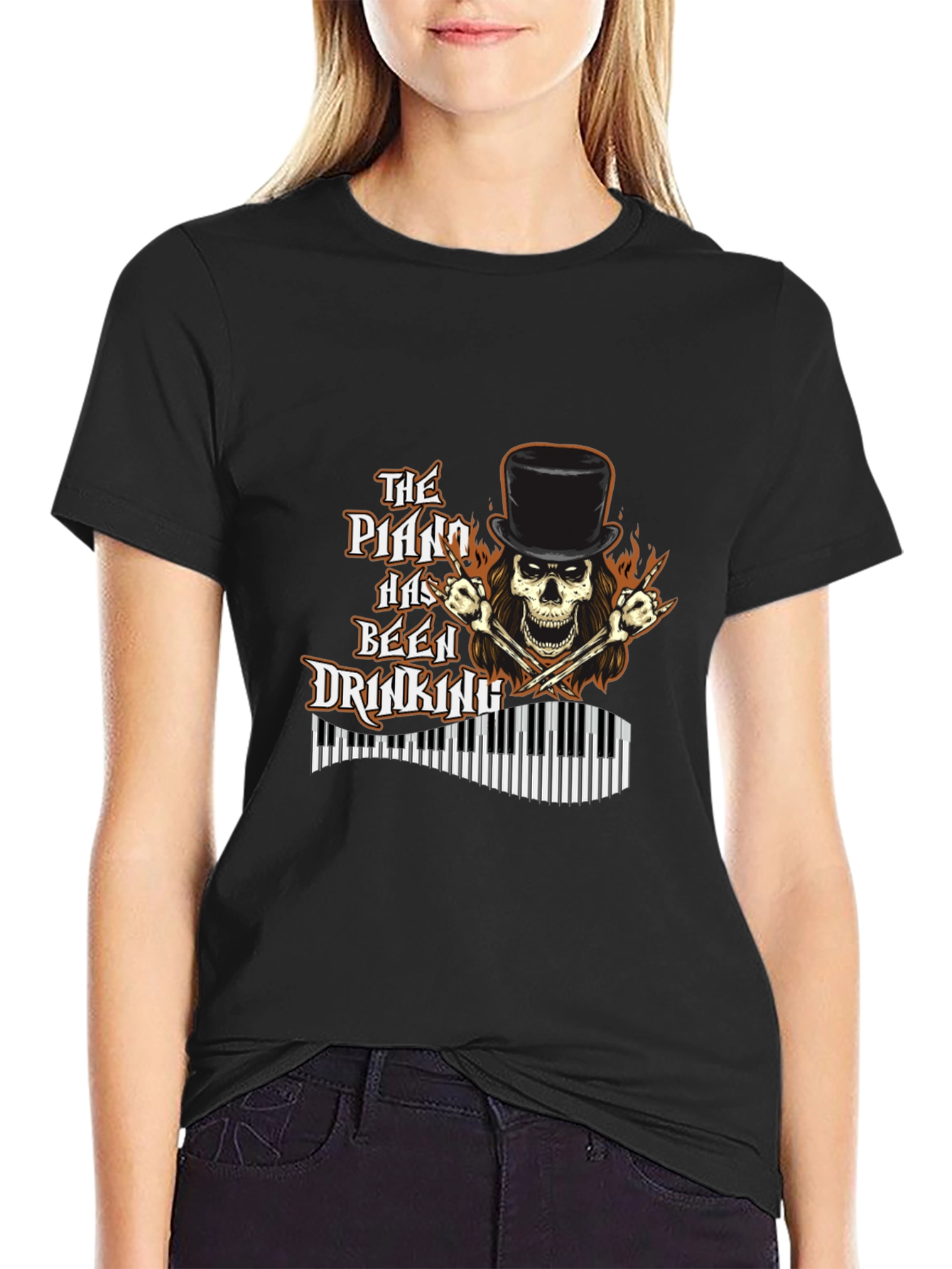 Piano Drinking Skeleton T-Shirt - Rock Style