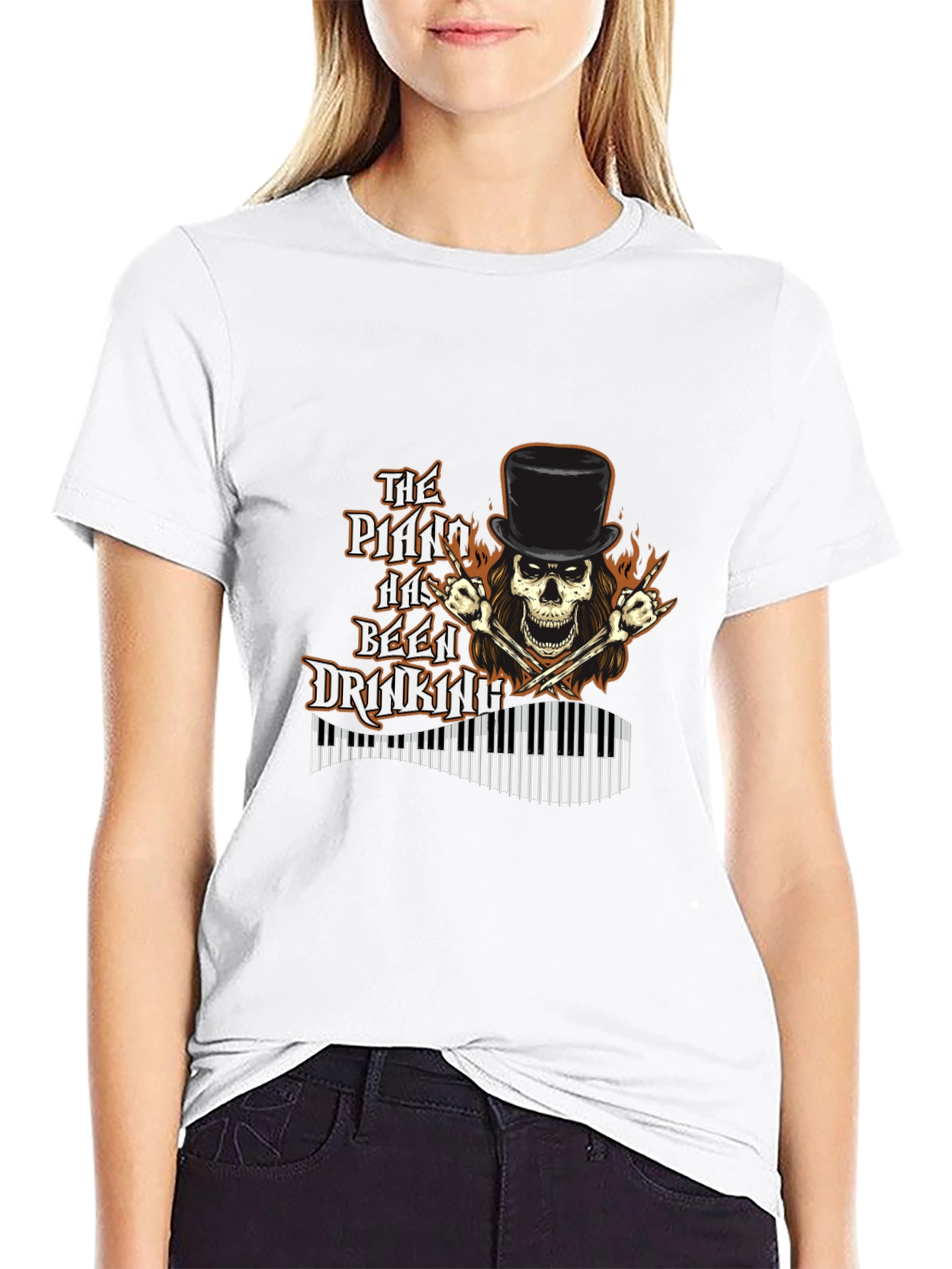 Piano Drinking Skeleton T-Shirt - Rock Style