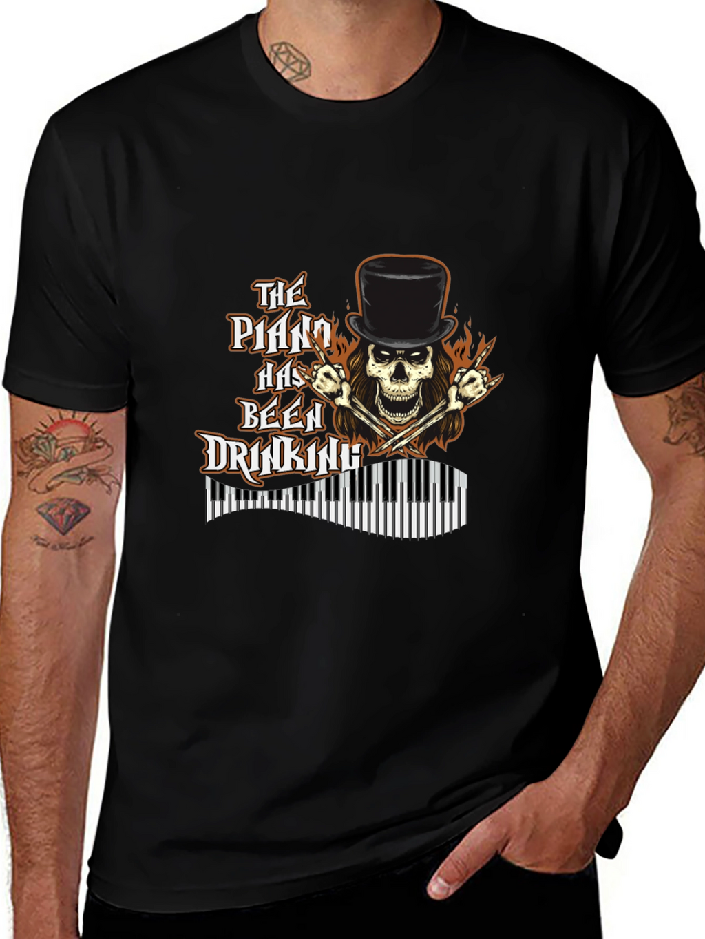 Piano Drinking Skeleton T-Shirt - Rock Style