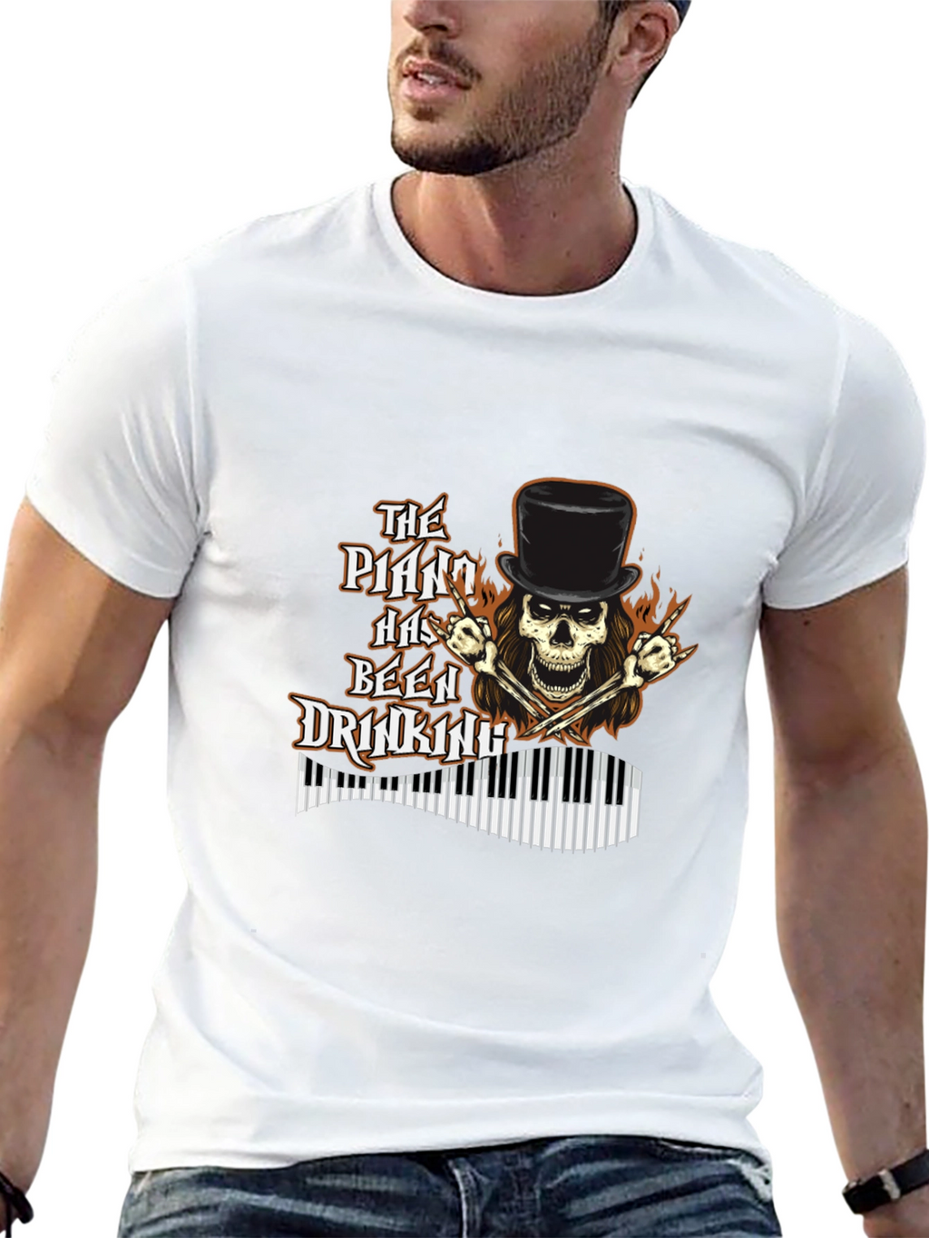 Piano Drinking Skeleton T-Shirt - Rock Style