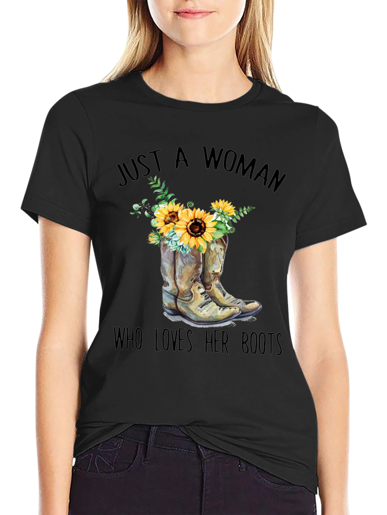 Womans Boots and Sunflower Graphic T-Shirt