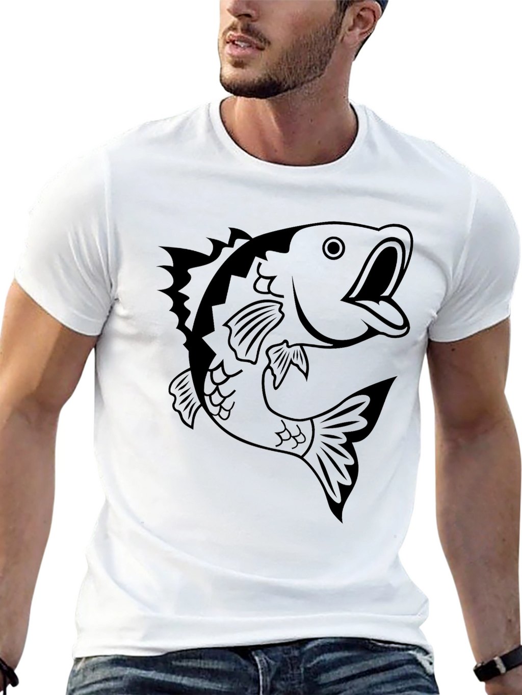 Mens Black T-shirt with Bass Fish Graphic