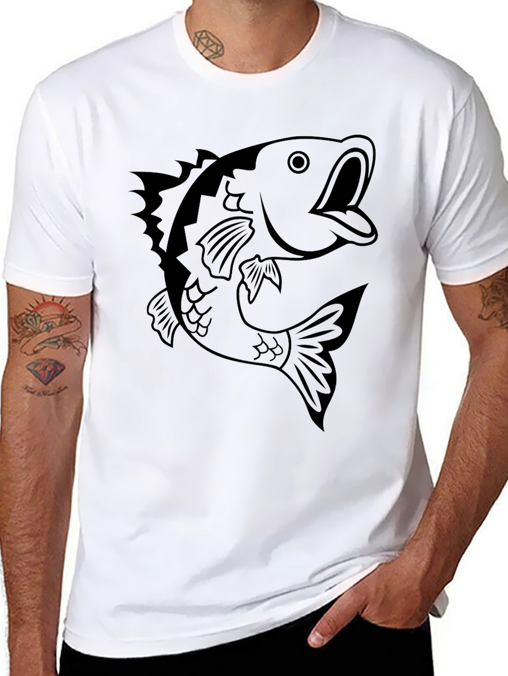 Mens Black T-shirt with Bass Fish Graphic