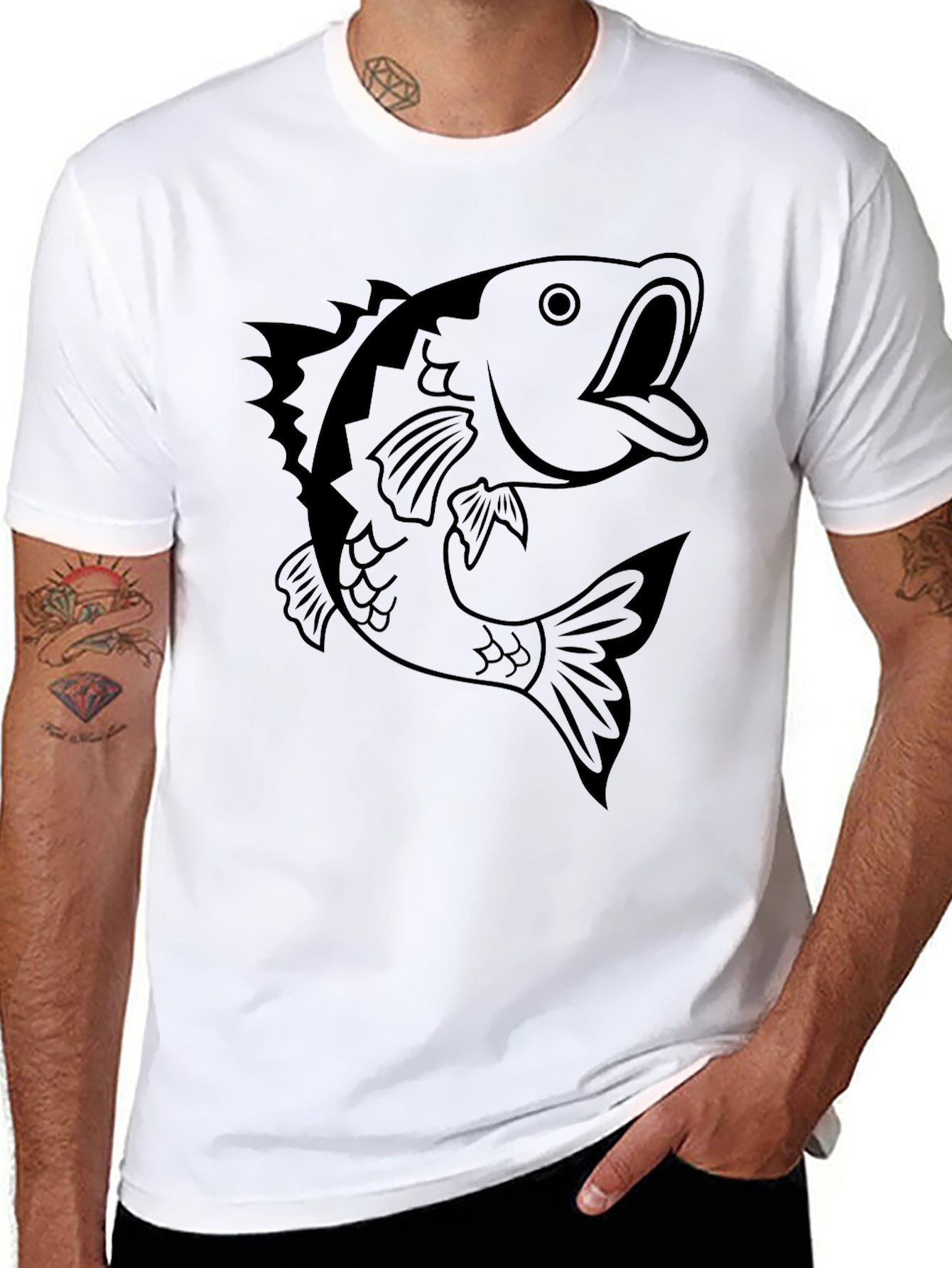 Mens Black T-shirt with Bass Fish Graphic